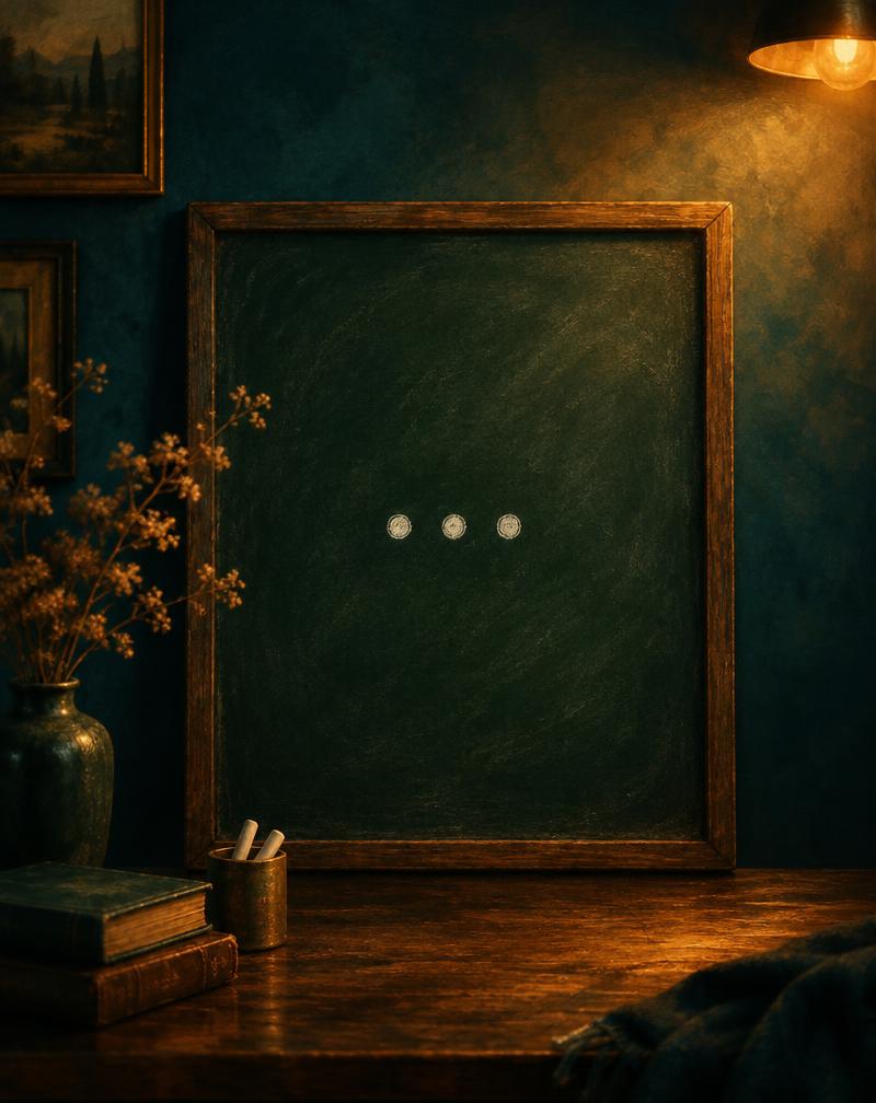 A chalkboard with three chalk dots