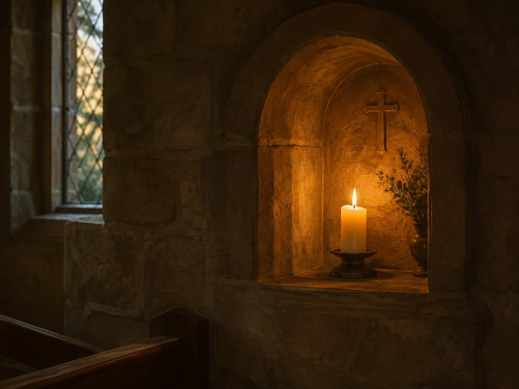 A candle in a quiet stone niche