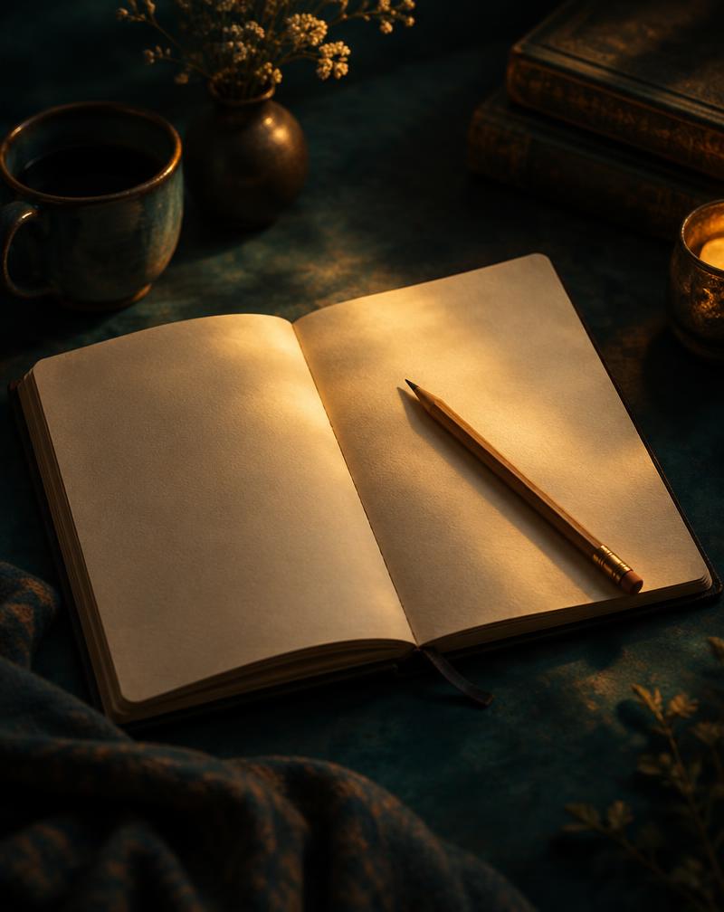 An open notebook with a pencil in warm light